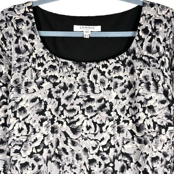 L.K. Bennett Size 12 US 16 UK Gray Animal Print Long Sleeve Ruched Sheath Dress - Picture 3 of 6